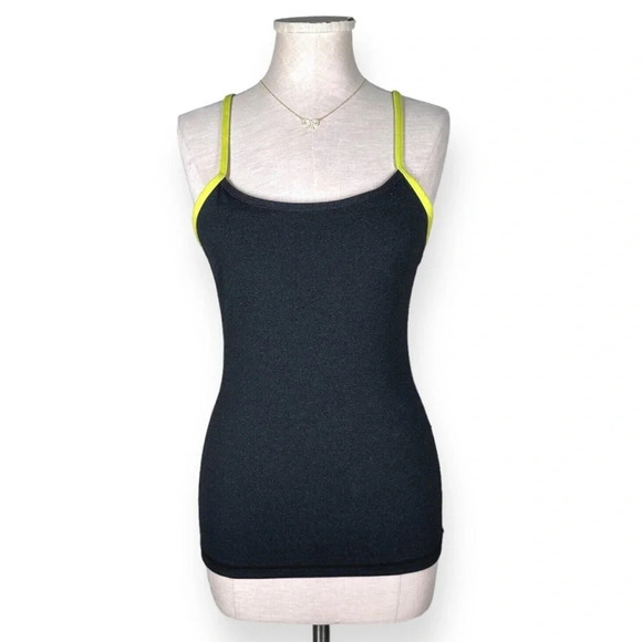 Lululemon Heathered Black Neon Yellow Trim Built in Bra Tank Top Size 6 - Picture 1 of 8